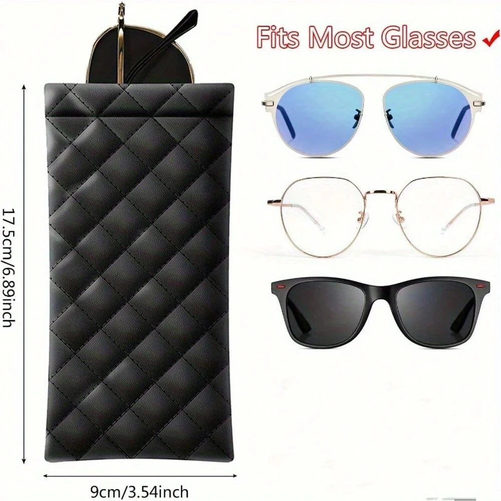 Black quilted PU leather case for glasses and sunglasses with a cleaning cloth