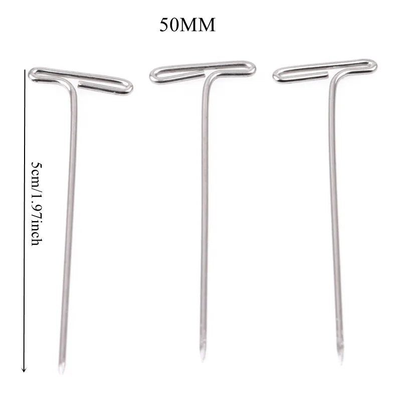 Stainless steel T-pins for wig making and knitting with a 50mm length.