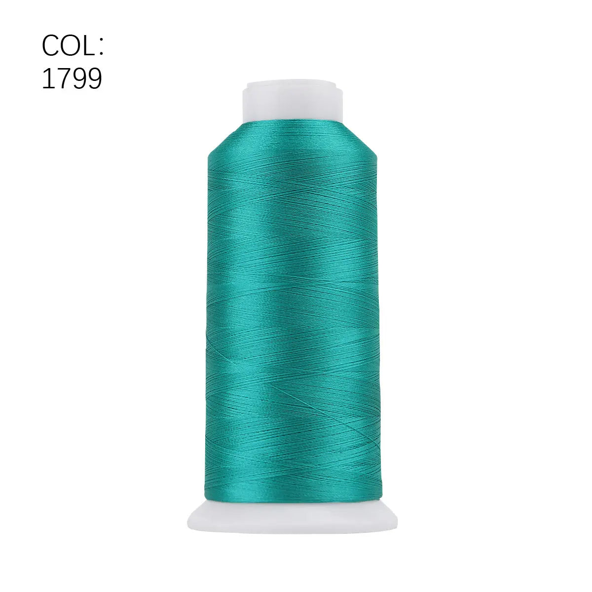 A roll of teal green polyester embroidery thread with a white core.