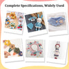 A collection of colorful crochet hooks and finished items including a rabbit figure and floral designs.