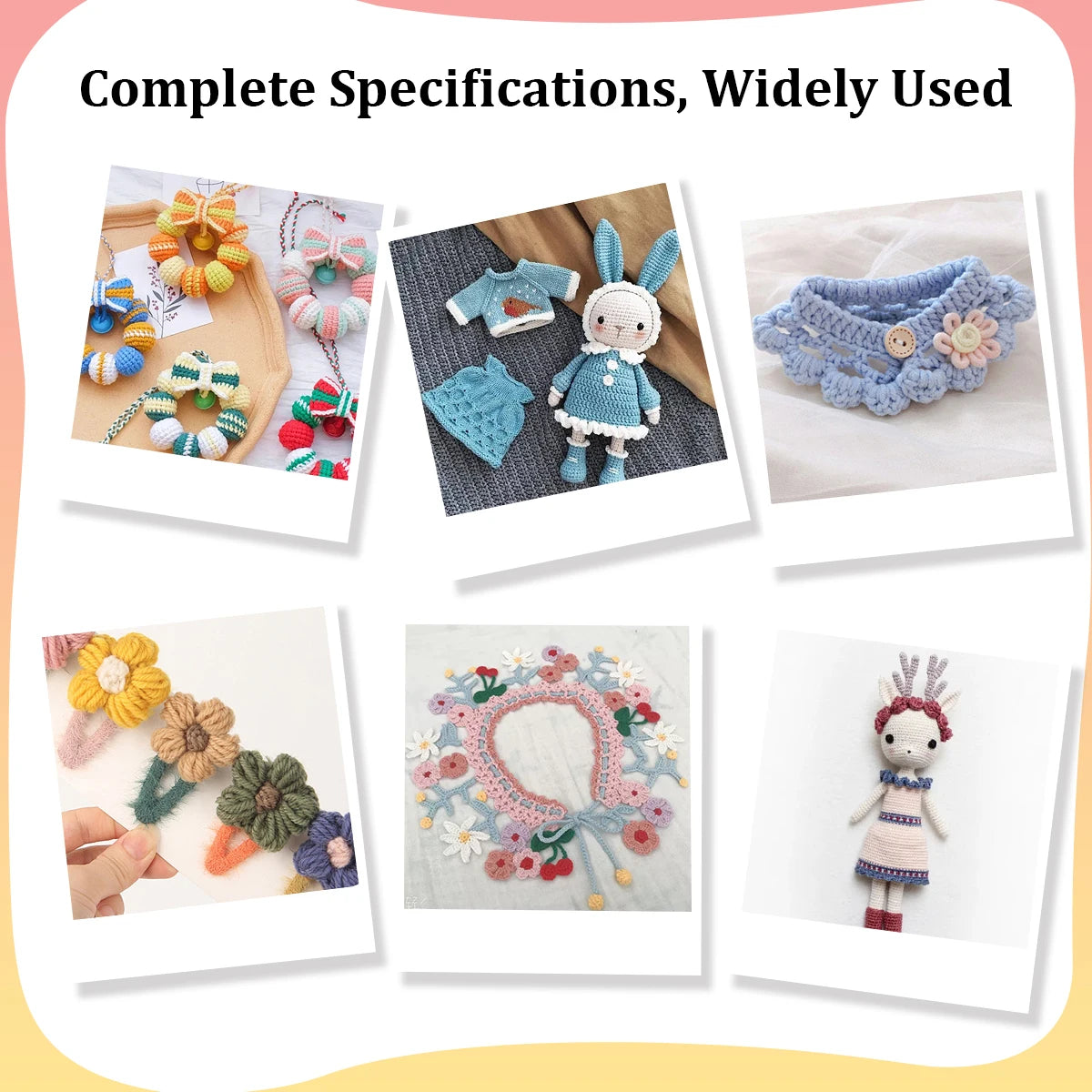 A collection of colorful crochet hooks and finished items including a rabbit figure and floral designs.