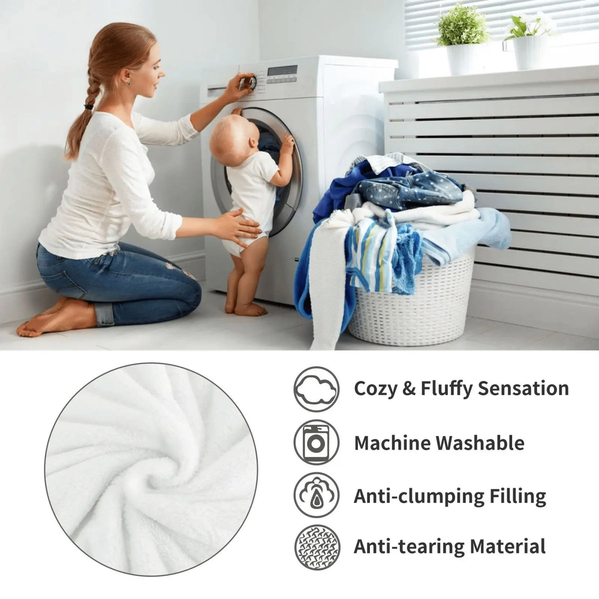 A woman is using a laundry basket filled with a white, fluffy blanket near a washing machine.
