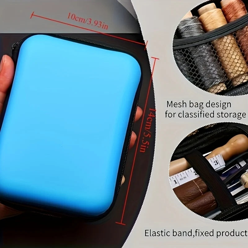 Blue silicone storage bag for professional leather craft stitching tools including waxed thread and needles