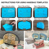 Instructions for using handbag templates showing steps like drawing, cutting, and sewing to create a bag
