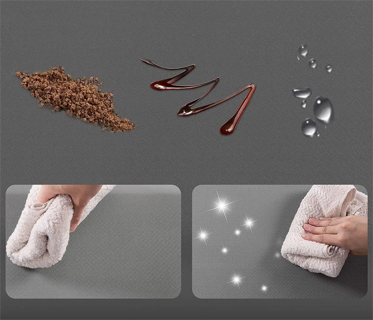 A brown granular product is shown next to a dark red liquid, with a hand holding a fluffy towel in the background.