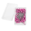 A clear plastic container holds 100 pink pearl head sewing pins for dressmaking and DIY projects.