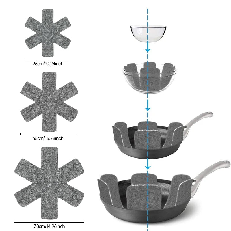 Reusable felt pot protectors in various sizes and shapes for kitchen storage