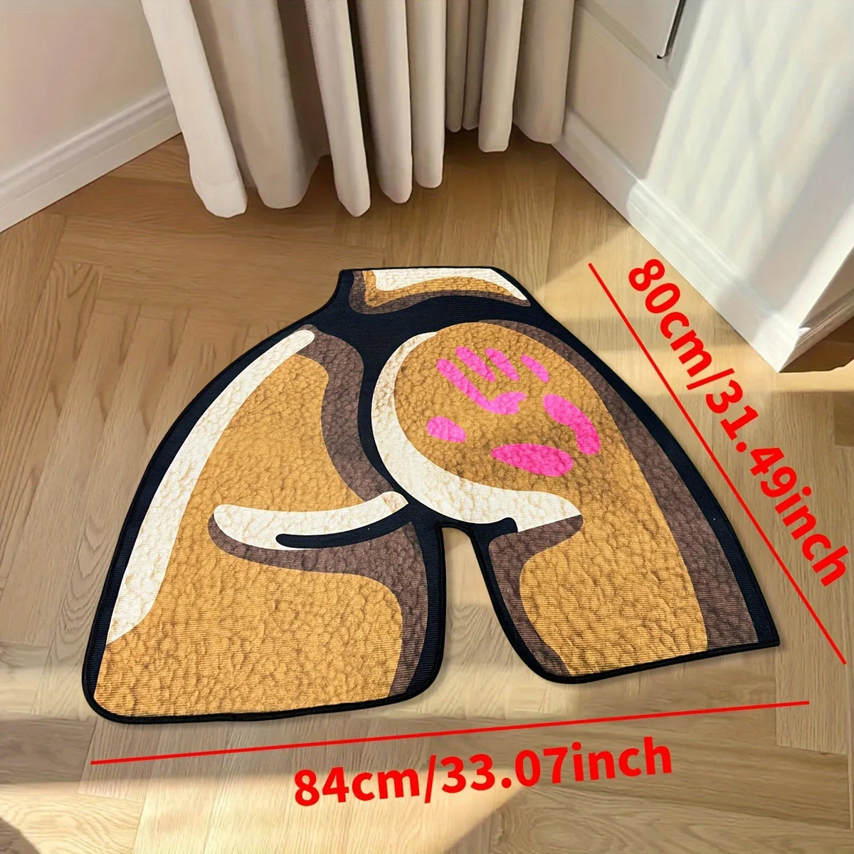 A square, beige and brown Persian-inspired crystal velvet area rug is displayed on a wooden floor.