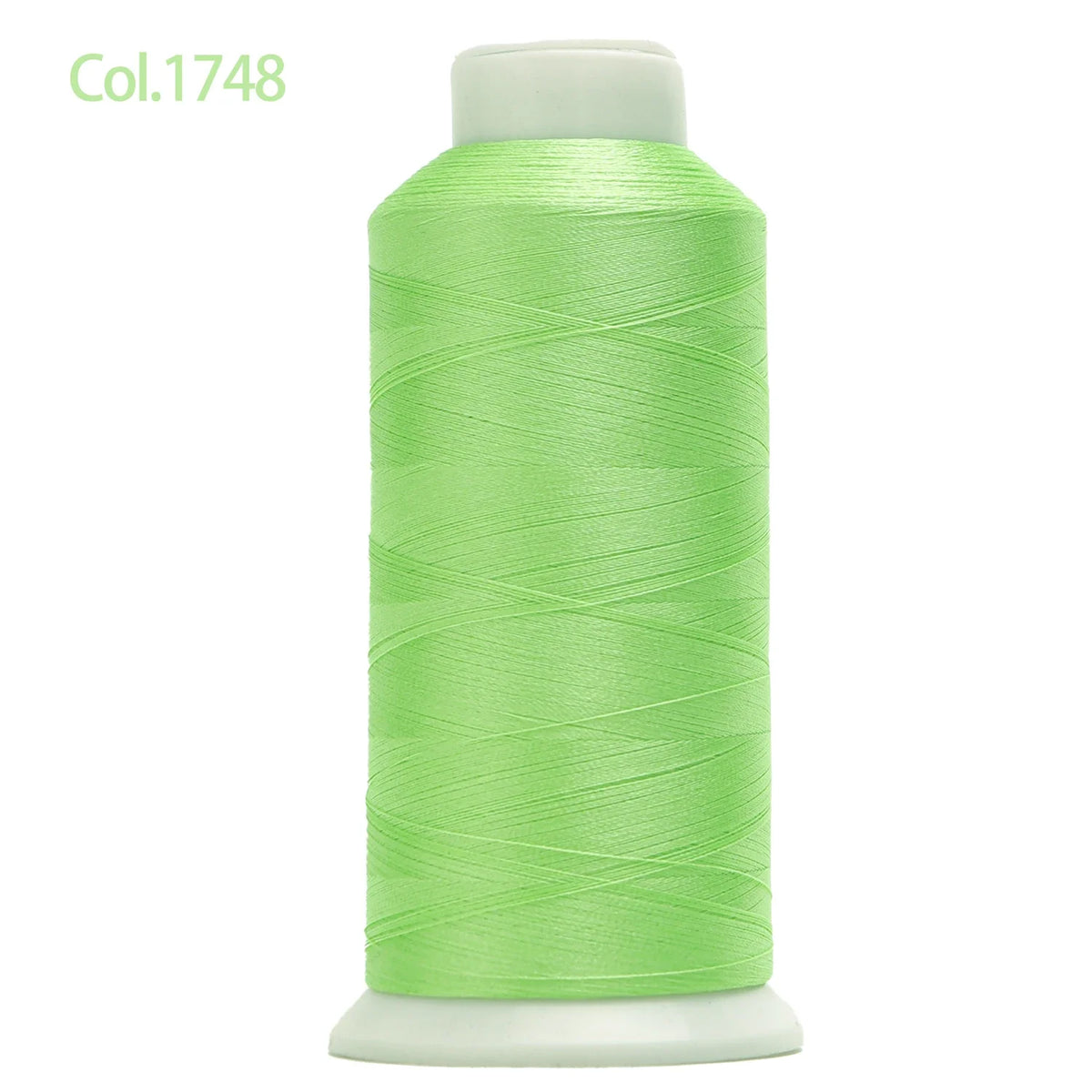 A spool of bright lime green embroidery thread labeled Col.1748.
