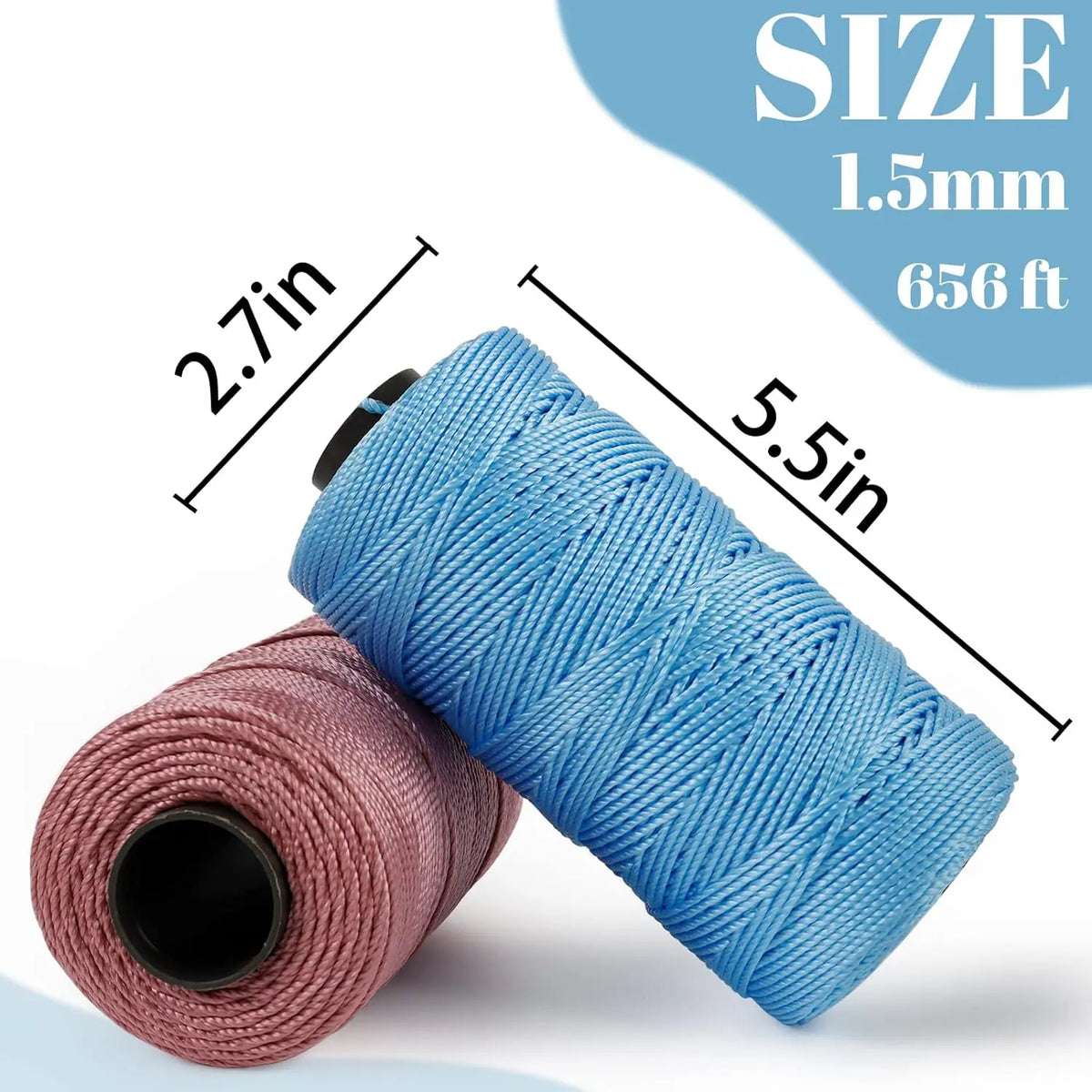 A spool of light blue 1.5mm ice silk crochet yarn with a measuring tape showing its dimensions.