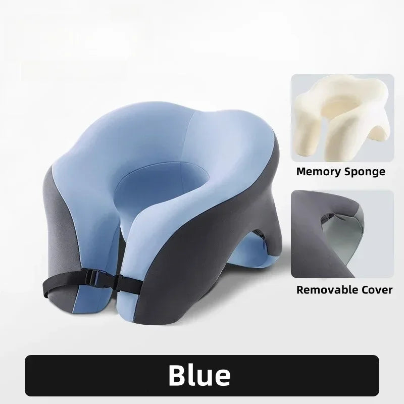 Blue memory foam U-shaped travel neck pillow with removable cover shown in various views