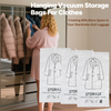 A woman hangs clothing in a closet, demonstrating vacuum storage bags for clothes.