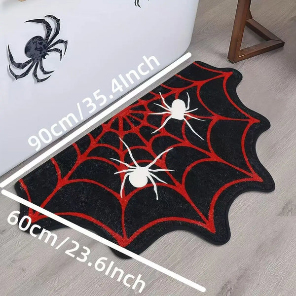 Black decorative non-slip mat featuring a red spiderweb design with white spiders.