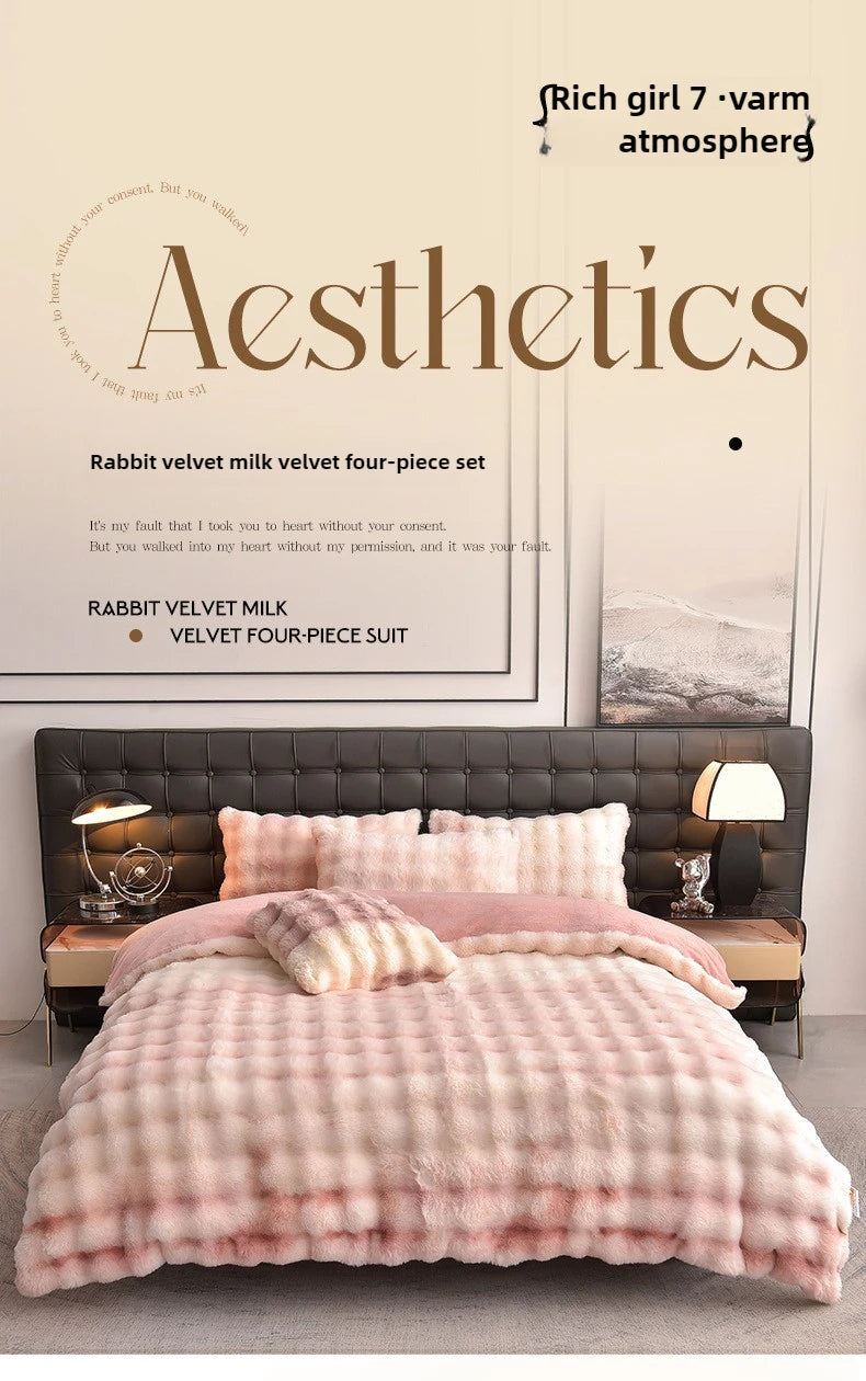 A pink rabbit velvet four-piece bedding set displayed on a bed with a dark gray headboard.