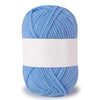 A ball of light blue soft milk cotton knitting yarn with a white band around the middle.
