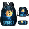 A black backpack and pouch set featuring a glowing Roblox cartoon character design on a starry blue background.
