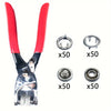 A pair of red metal sewing buttons and snap fasteners with various sizes and shapes.