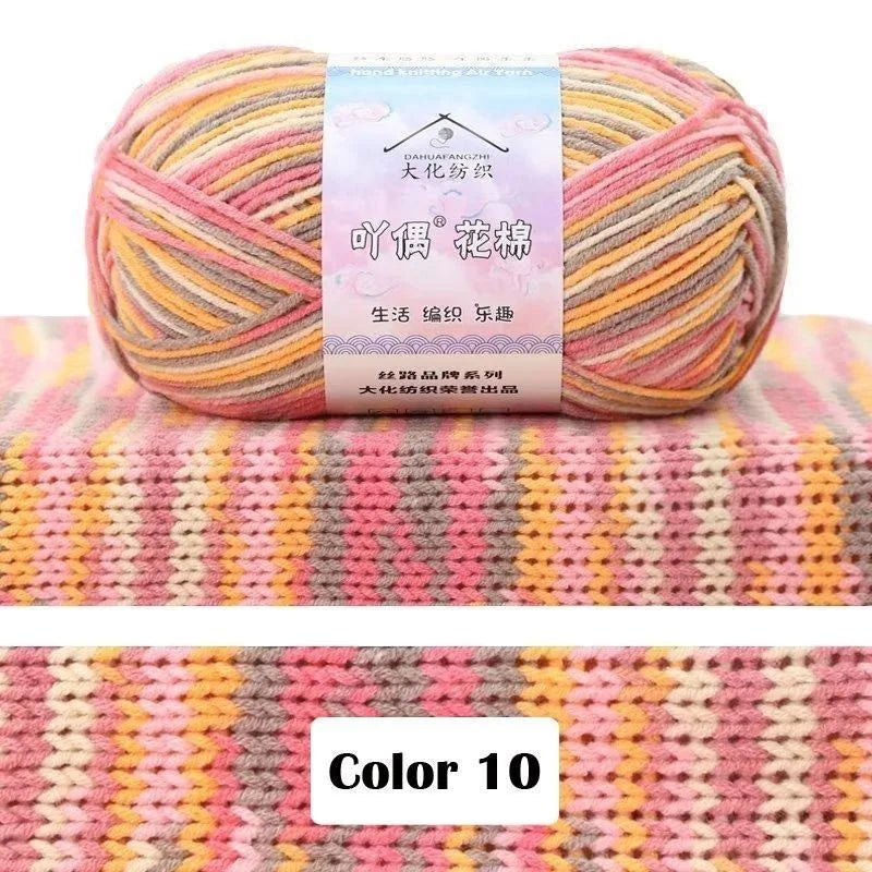 A ball of multi-colored yarn featuring pink, yellow, and orange tones for knitting projects.