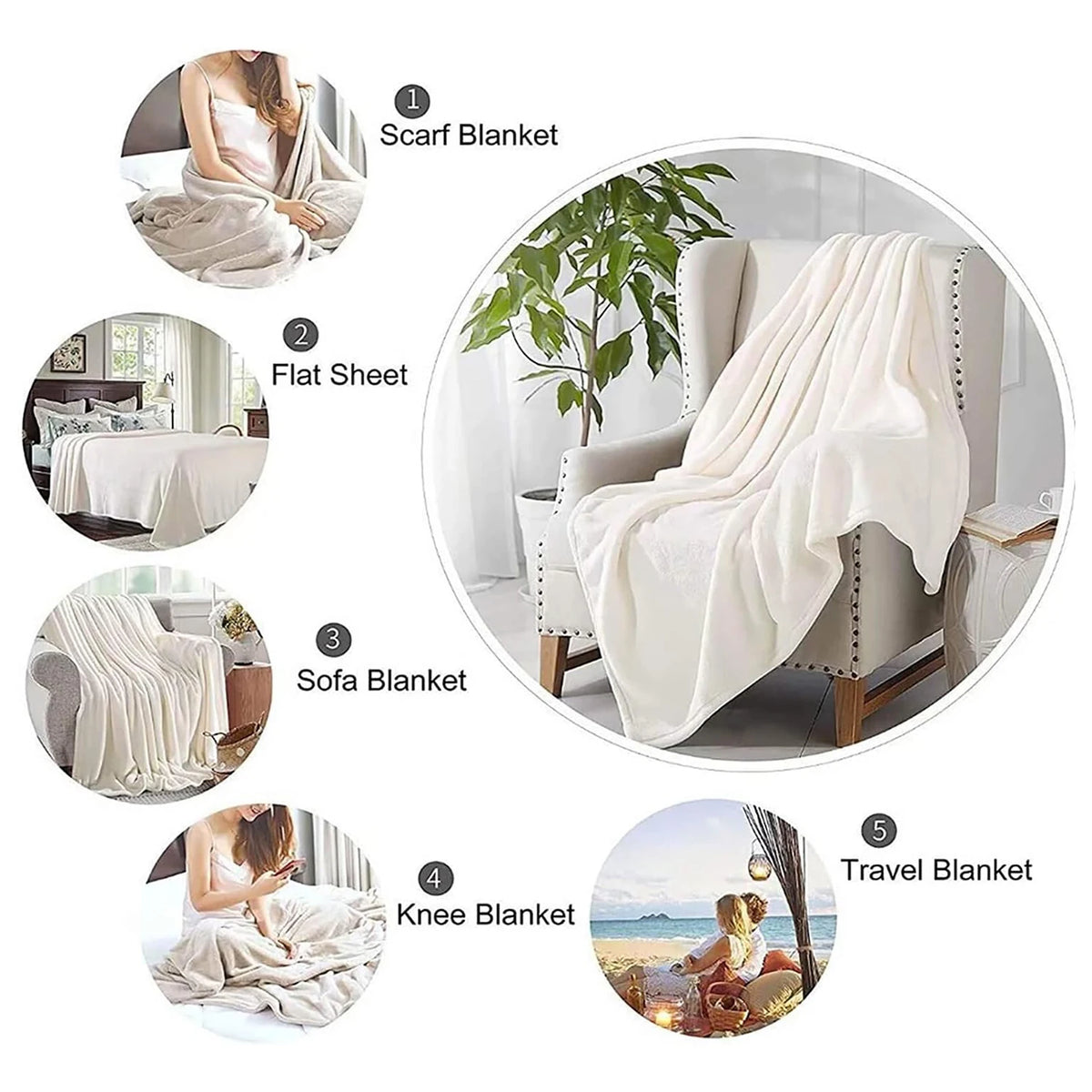 A collection of soft, customizable flannel blankets including a scarf blanket, flat sheet, sofa blanket, knee blanket, and tr