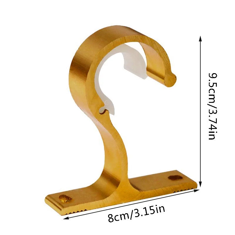 A brass heavy-duty curtain rod bracket featuring a curved hook and a flat base, measuring 9.5cm high and 8cm wide.