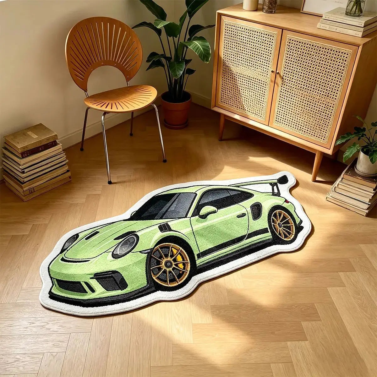 A plush rug shaped like a lime green sports car is displayed on a wooden floor.