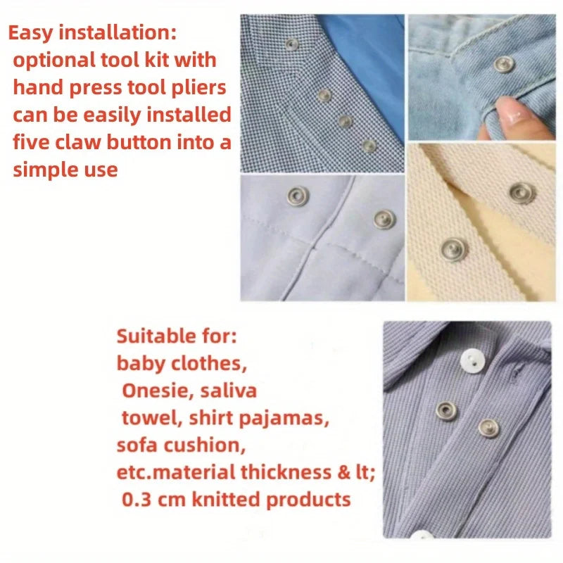 Close-up of a precision snap button kit being installed onto fabric, showing various sizes and applications.