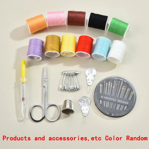 A collection of various colored threads and a set of sewing accessories including scissors and needles.