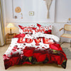 A bedding set featuring a floral pattern with red roses and leaves on white fabric.