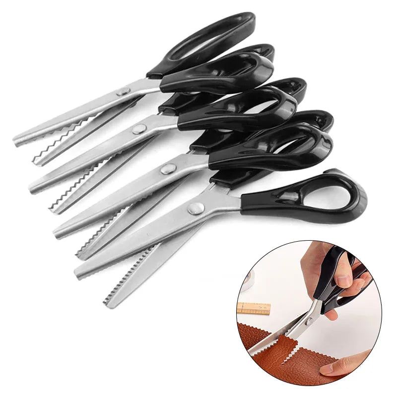 A collection of black and silver stainless steel zig zag tailor sewing scissors.