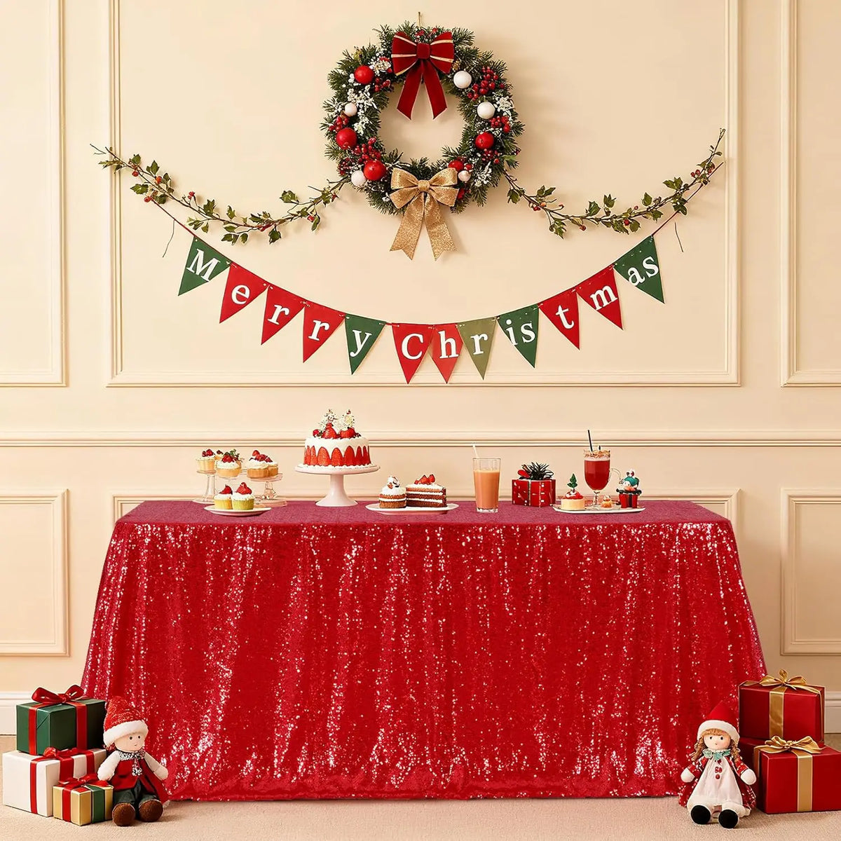 A red sequin rectangle table cover is displayed on a table, decorated with Christmas garlands and festive accents.