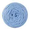 A ball of light blue soft T-shirt yarn for crochet