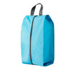 A bright blue foldable shoe and travel organizer bag with black zippers and gray handles.
