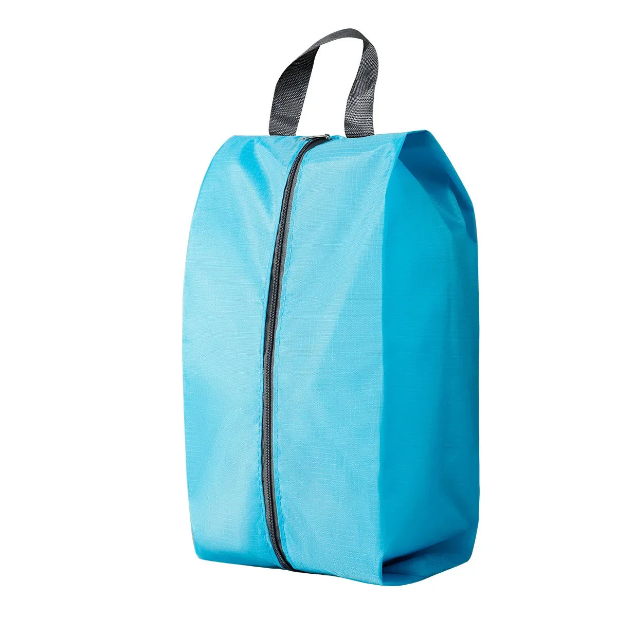 A bright blue foldable shoe and travel organizer bag with black zippers and gray handles.