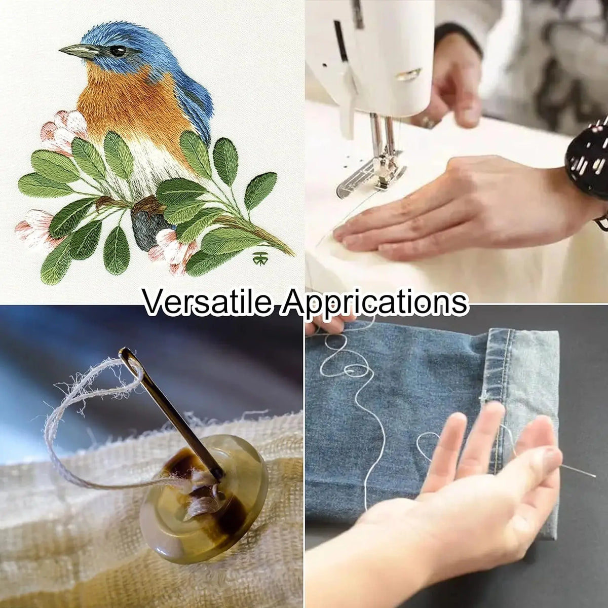A set of 12-color polyester sewing thread is shown with various applications including a bird craft and fabric sewing.