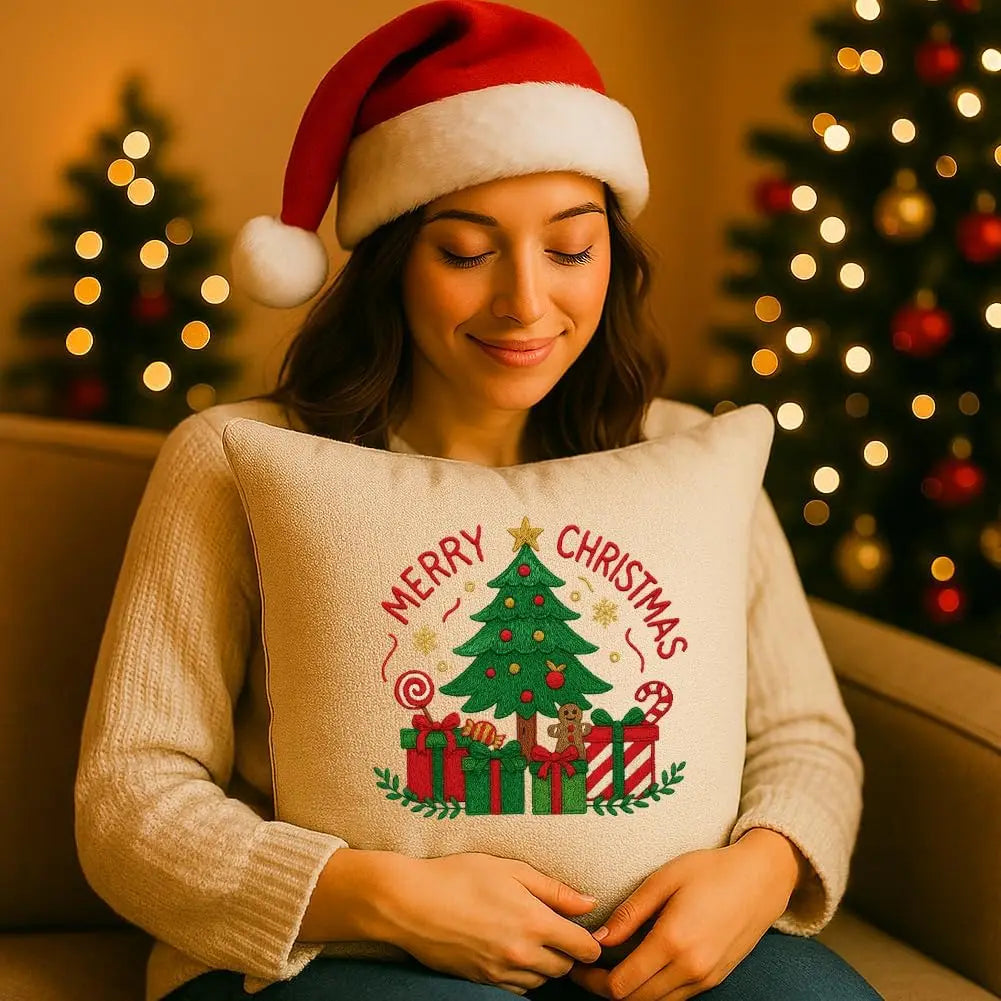 A woman wearing a Santa hat is holding a Christmas embroidery stabilizer set.