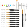 A collection of ergonomic gold crochet hooks in various sizes and shapes for yarn craft.