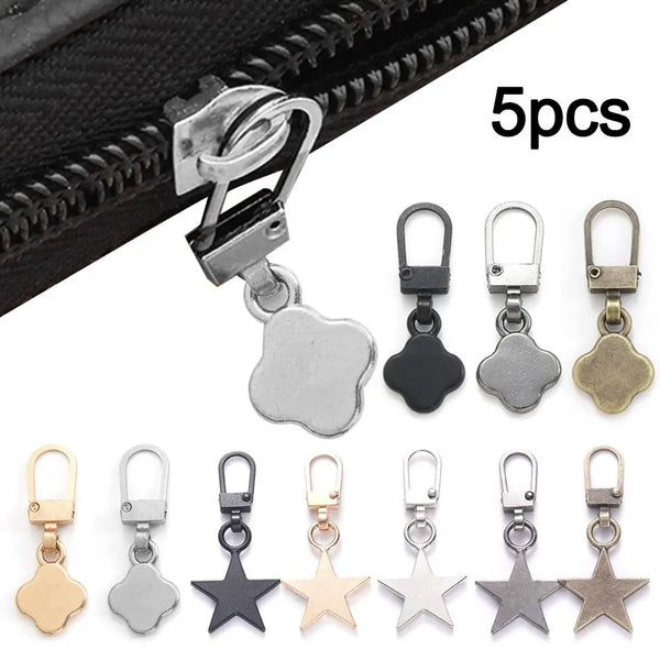 A set of five metal zipper pull replacements including various shapes like hearts, leaves, and stars.