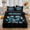 Black duvet cover featuring a graphic of two blue cartoon characters with the text SIX SEVEN
