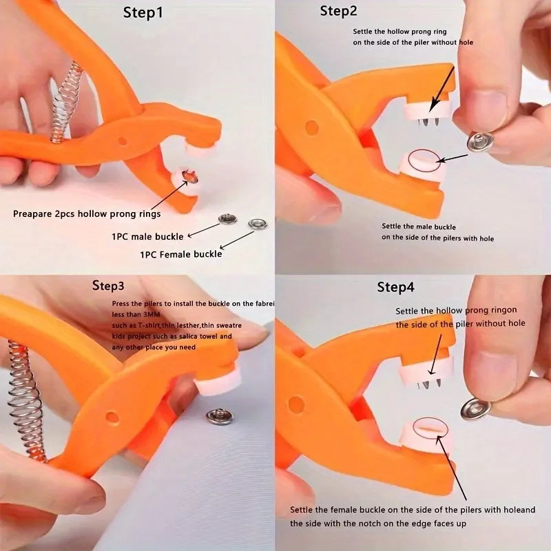 Step-by-step instructions for assembling a precision snap button kit using orange pliers and various buckles on a pile