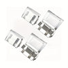 Four clear plastic invisible edge clips used for adjusting pants hems.