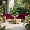 A deep purple silk elastic sofa slipcover set on a light wood deck with lush greenery in the background.