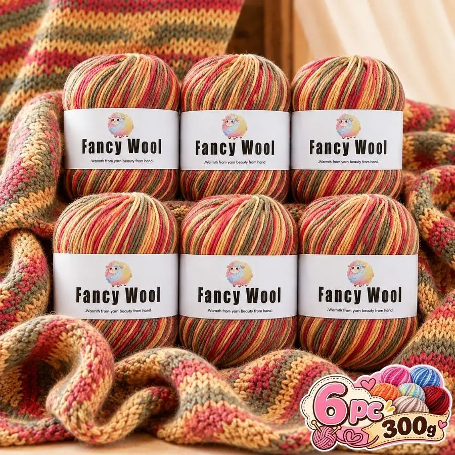 A set of six balls of gradient alpaca wool yarn in various colors and textures for knitting and crochet projects.