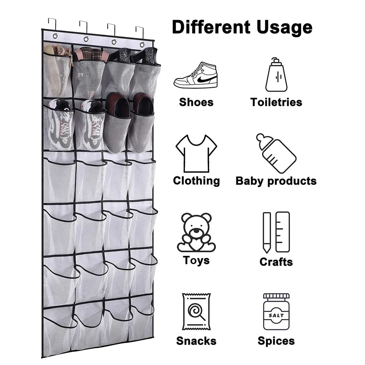 Over-the-door shoe organizer with multiple hanging pockets for shoes, toiletries, clothing, baby products, toys, crafts, snac