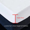 A white fitted mattress protector sheet is shown with a red line indicating a 25cm height, suitable for mattresses between 5-