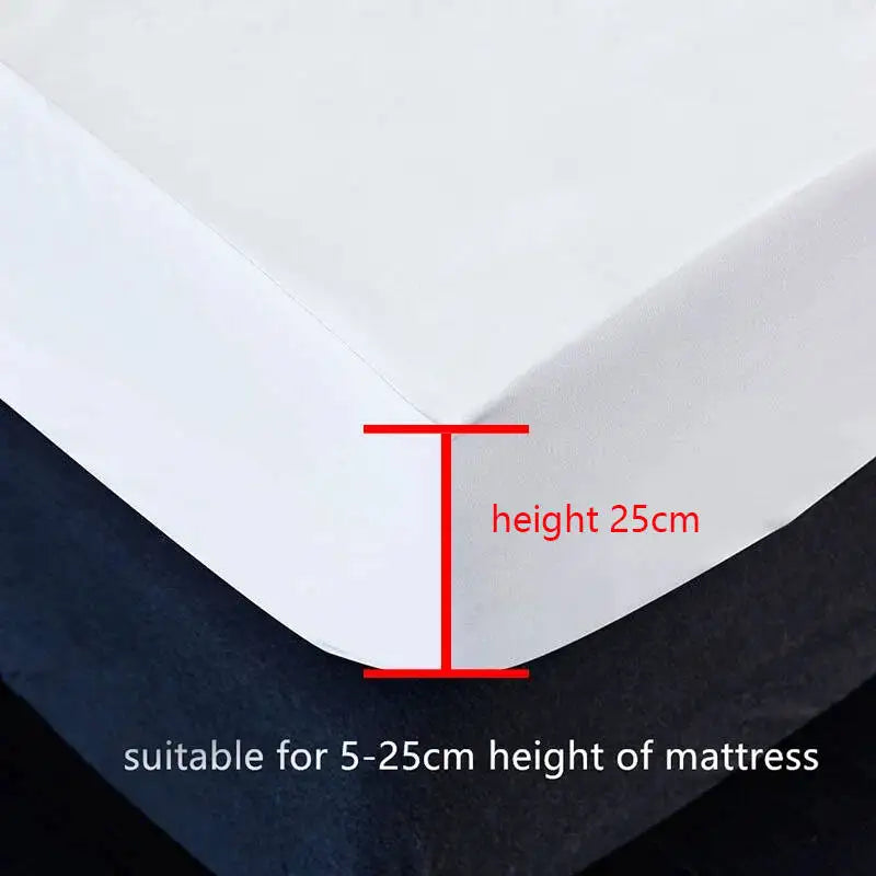 A white fitted mattress protector sheet is shown with a red line indicating a 25cm height, suitable for mattresses between 5-