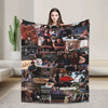 A collage of various people and scenes featuring in a cozy knit throw blanket.
