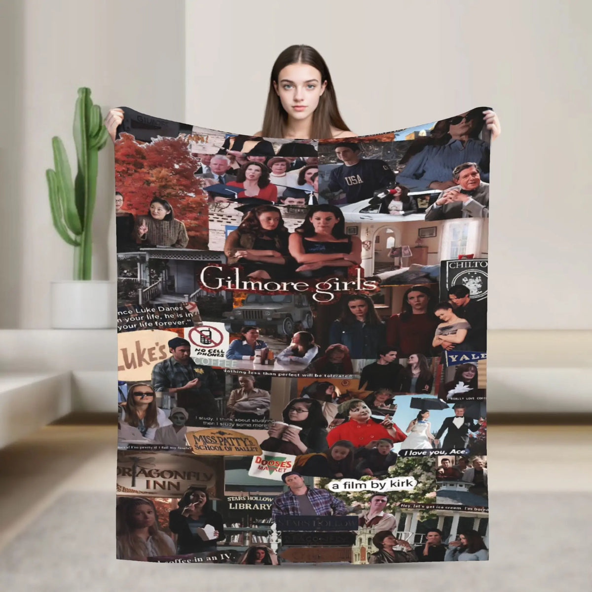 A collage of various people and scenes featuring in a cozy knit throw blanket.