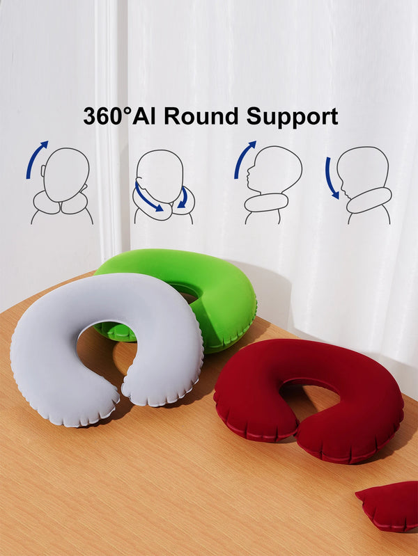 Three inflatable U-shaped round supports in white, green, and red demonstrating 360 degree support.