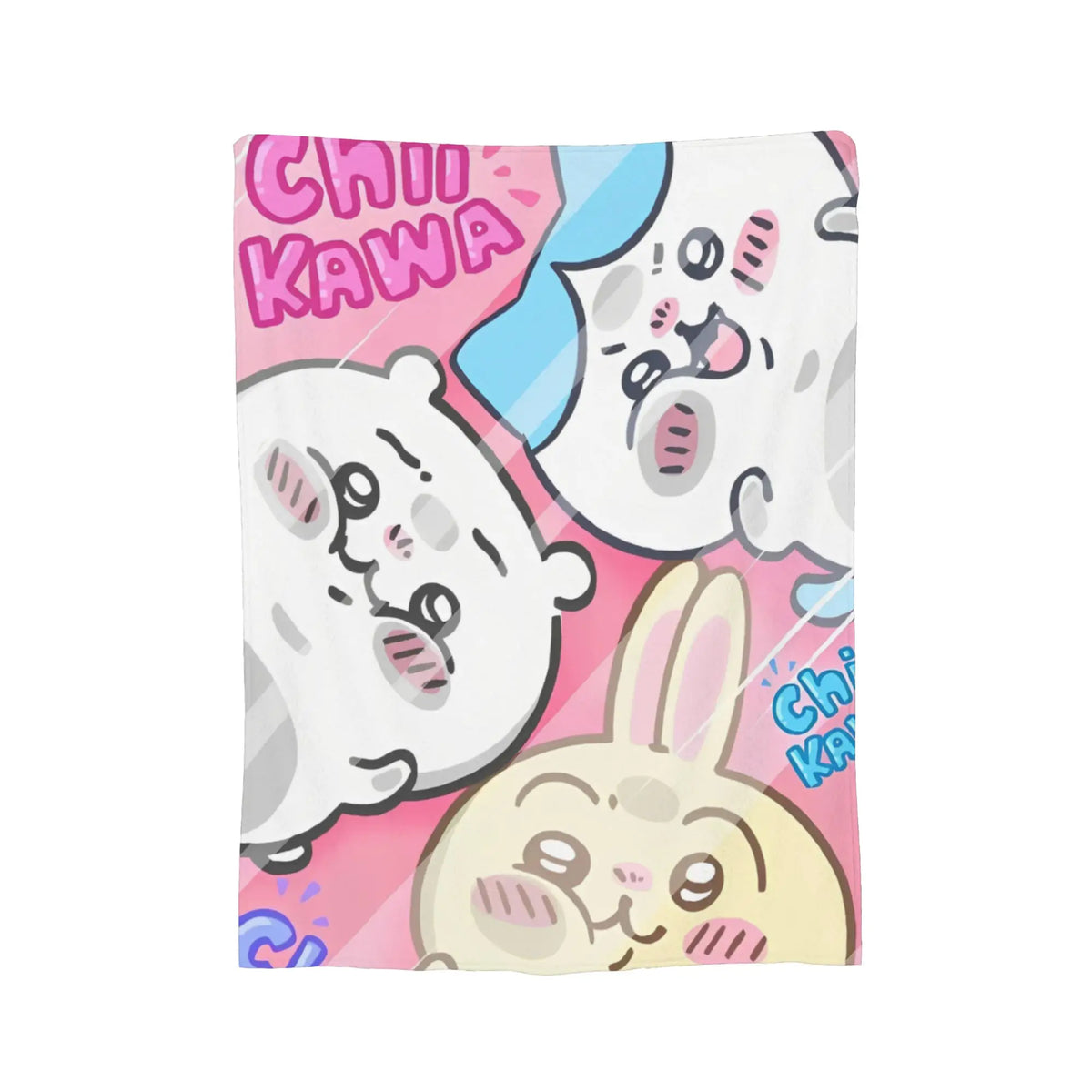 A pink and white cartoon illustration featuring Chiikawa characters on a blanket.