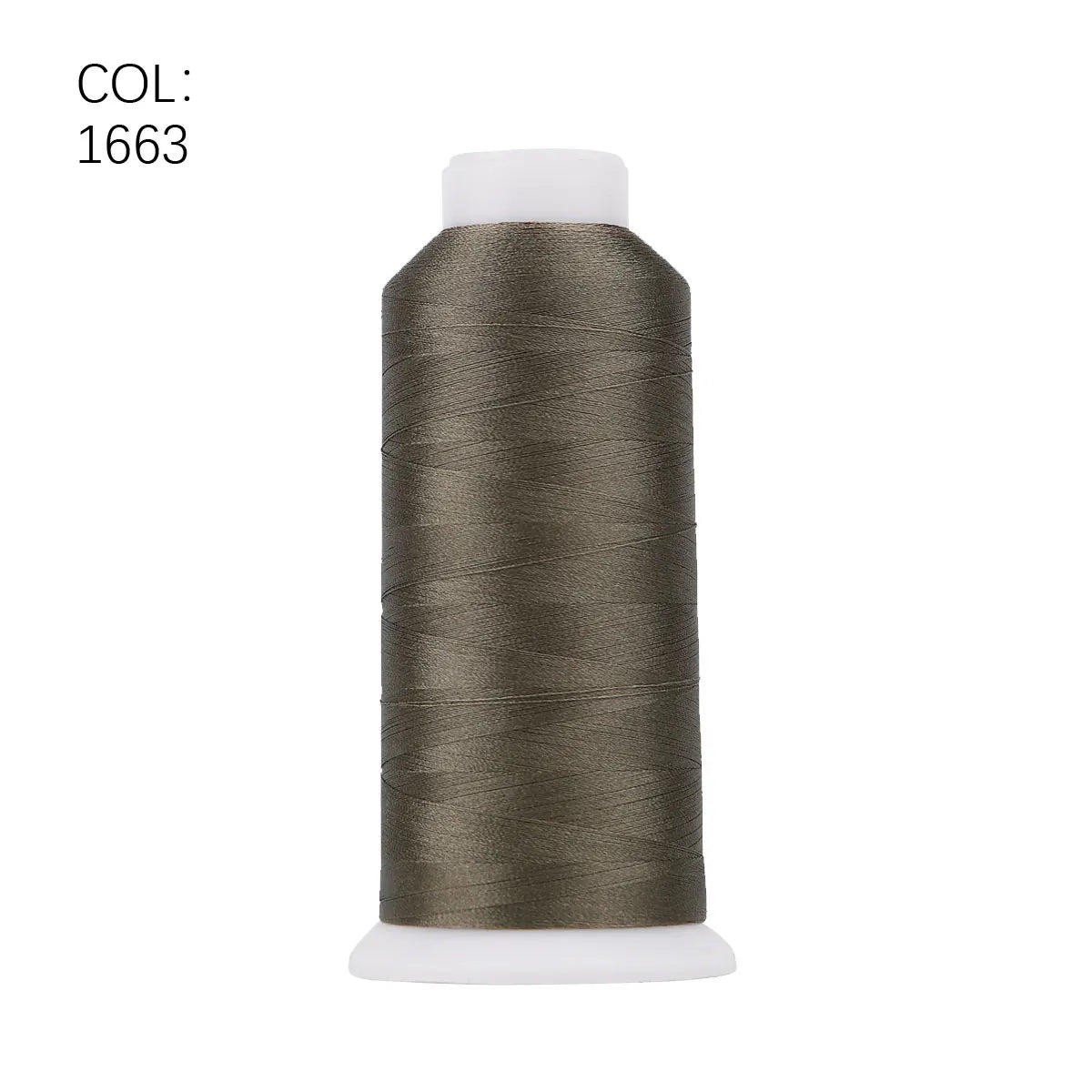 A roll of dark olive green polyester embroidery thread with a white core.